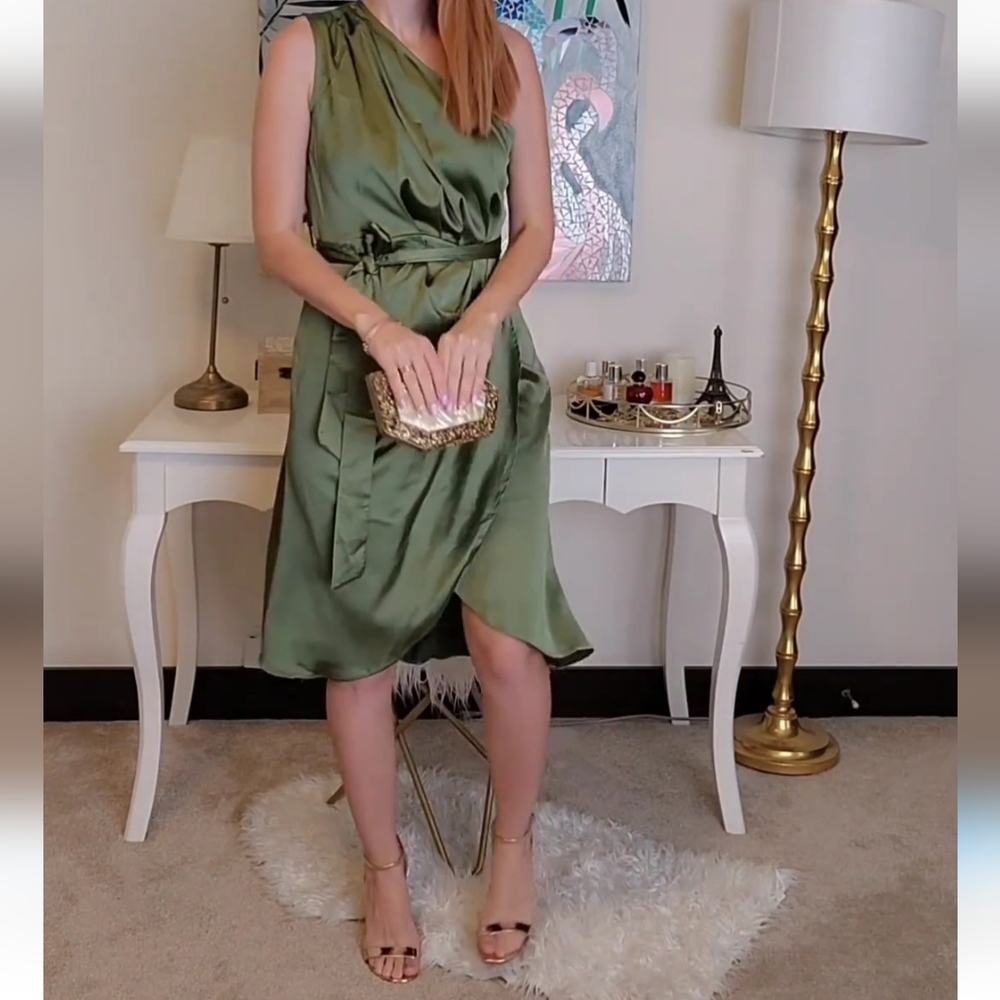 Olive green one shoulder midi dress